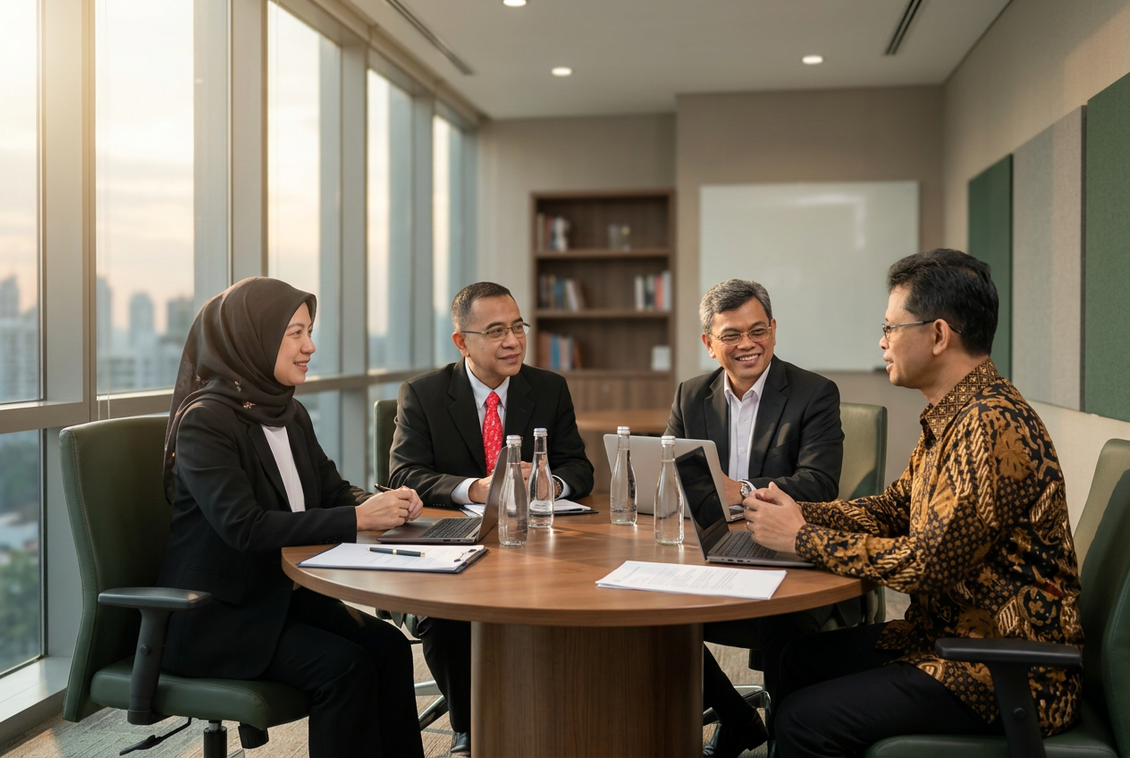 Eko Ridho Ruwyanto, Nugroho Eko Priamoko, Rina Mariama and Junison Zaib in an ERN leadership discussion around a round boardroom table