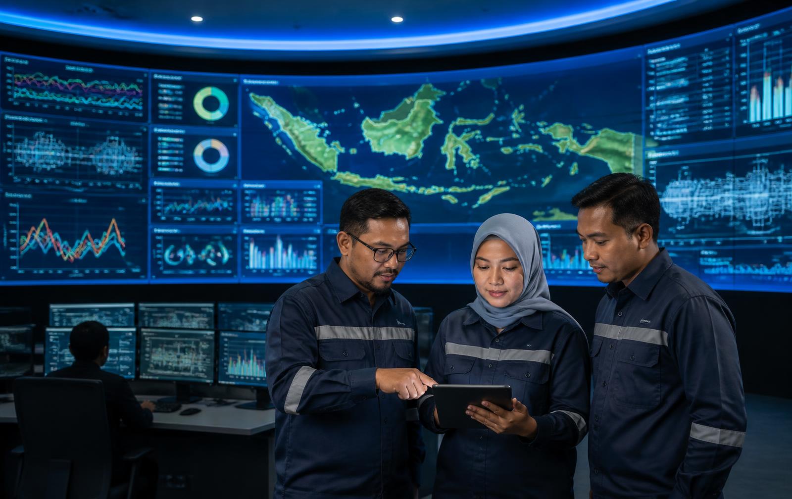 Engineers reviewing integrated oil and gas operations dashboards in a digital control room